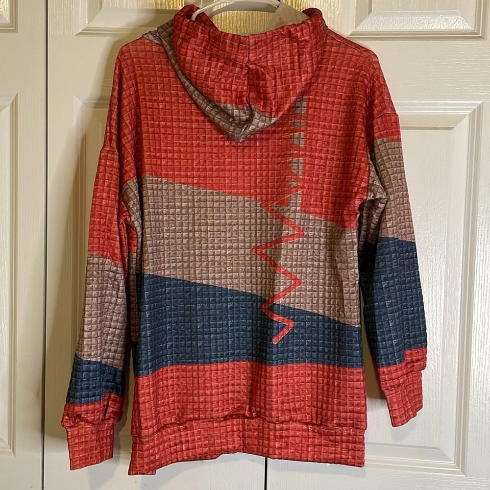 Oversized Waffle Print Hoodie Kangaroo Pocket Women’s M Multicolor